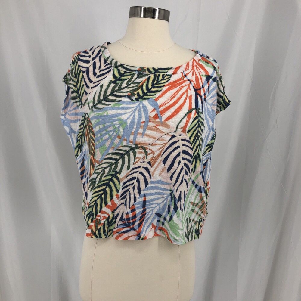 Tahari 100% Linen Tropical Palm Leaf Print Cropped Boxy Blouse Top Size Large